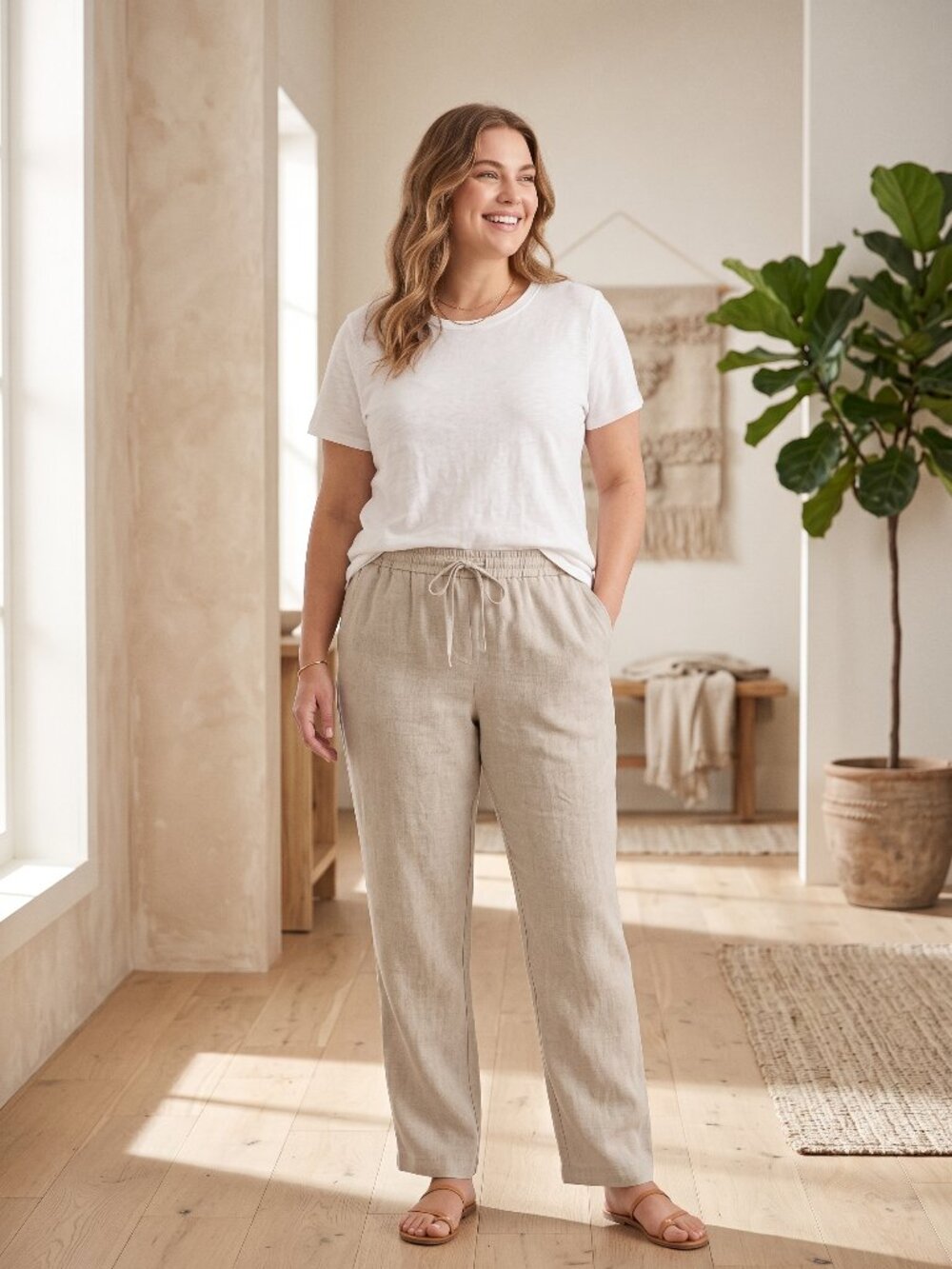 Jones New York Sport 100% Linen Coastal Grandma Drawstring Pants Size Large